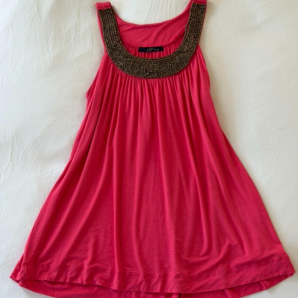 B'Leev Womens Y2K Coral Pink Beaded Halter Neck Top A-Line Sleeveless Large